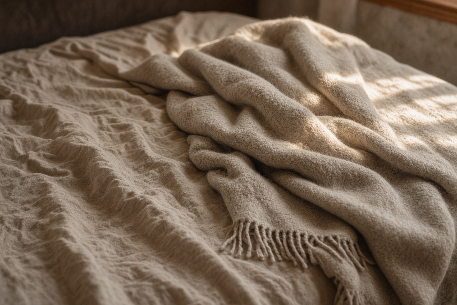 A rumpled wool throw and linen bedding in warm window light