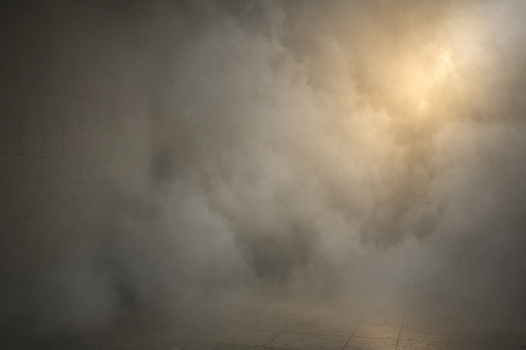 Dense steam in a plain stone room with one warm highlight