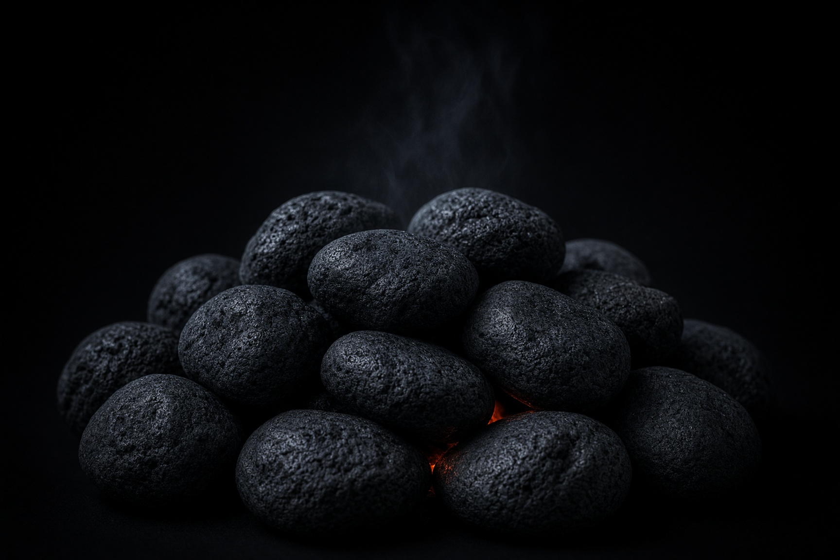 A pile of dark rounded stones with a small glow of heat between them