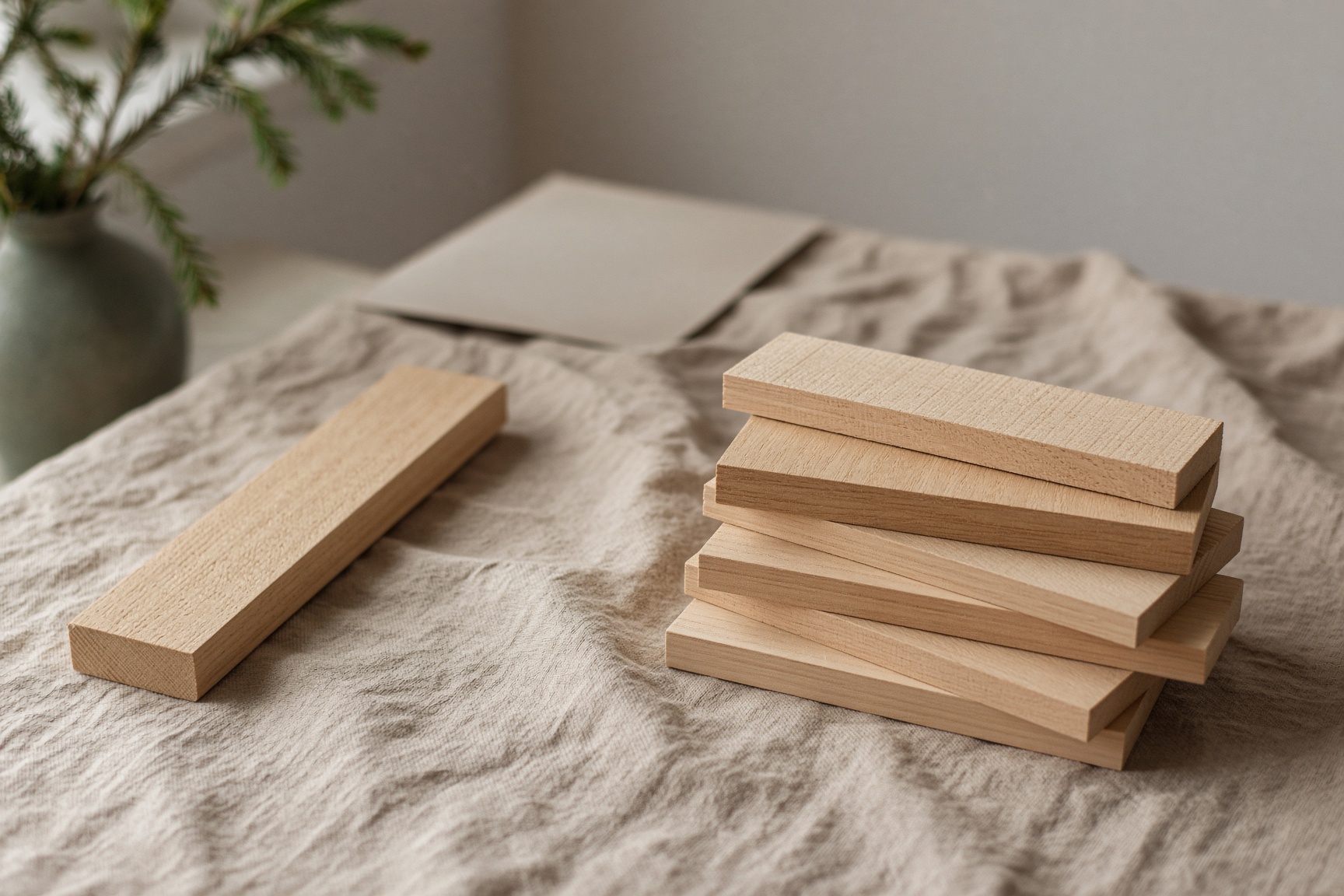 Unfinished softwood boards stacked on linen in window light