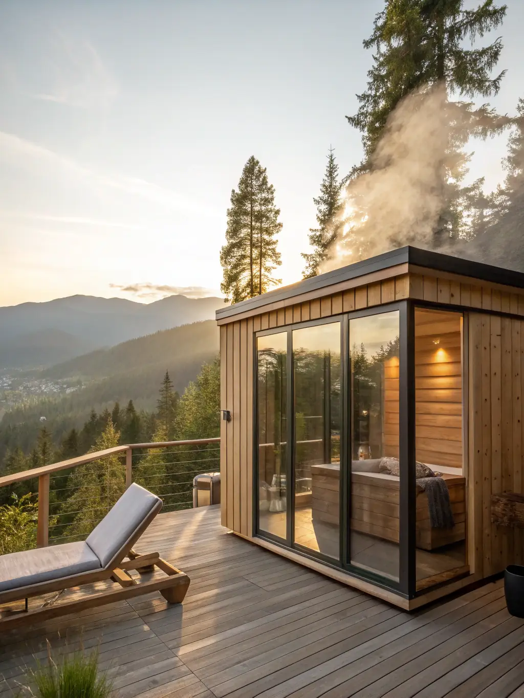 A luxurious outdoor sauna with panoramic views, showcasing its integration with nature and premium features for ultimate relaxation.