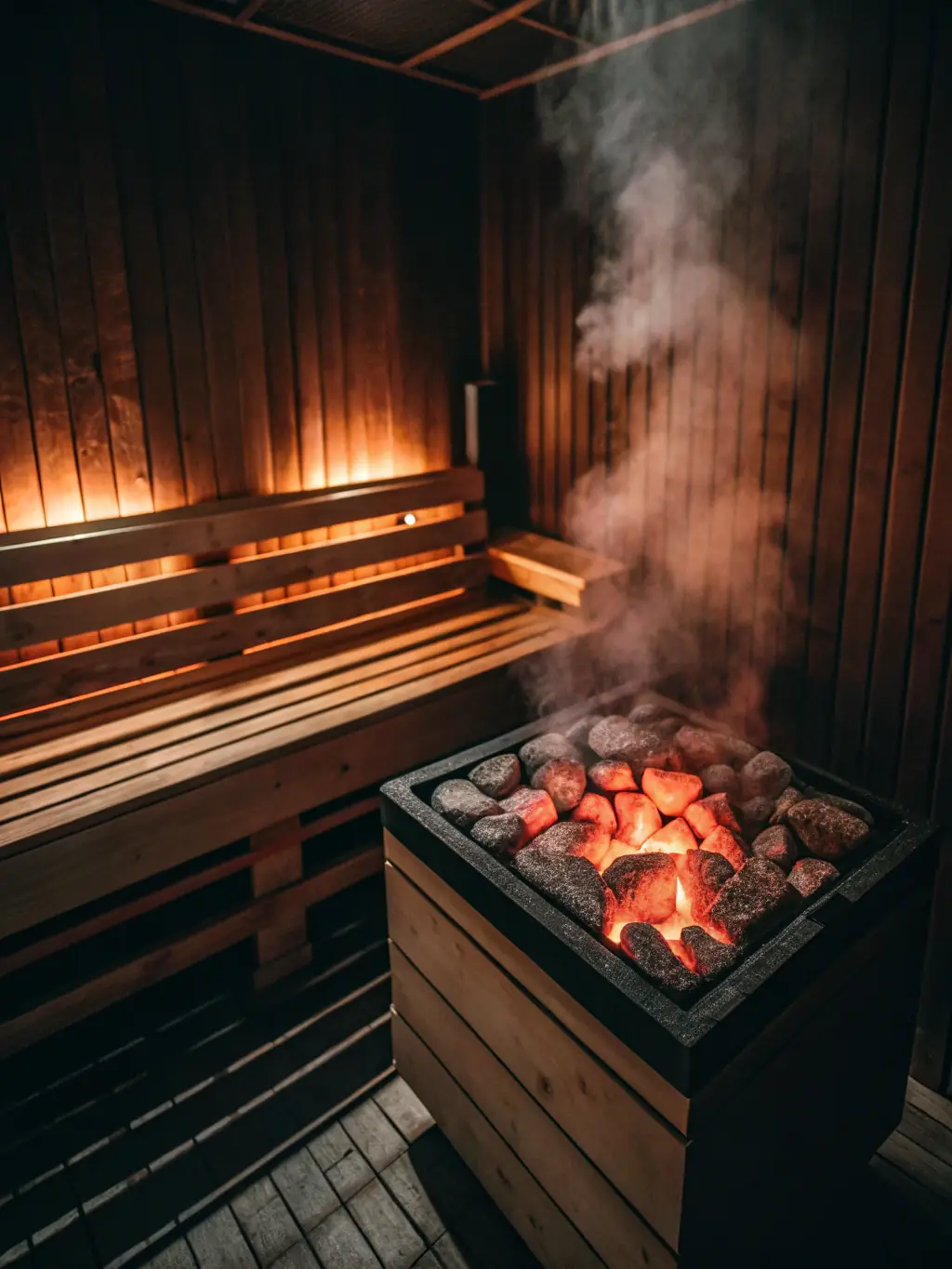 A high-quality image of a traditional Finnish sauna with wooden benches and a stove, showcasing its rustic charm and health benefits.